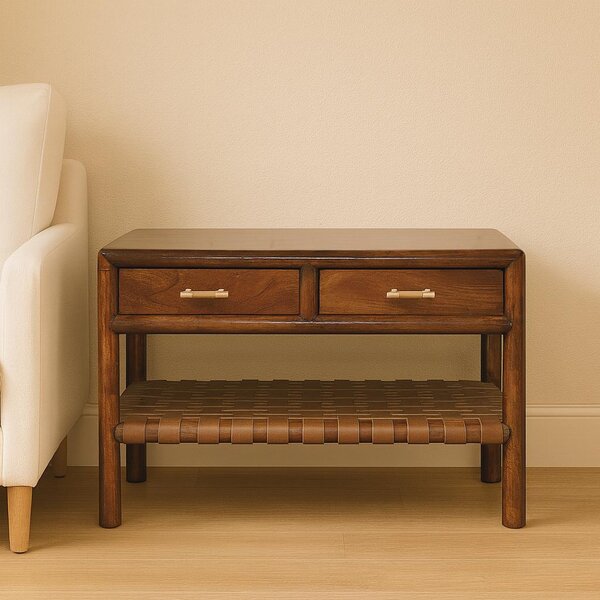 Solid Mango Wood Regency Console Table, 85cm Woven 4-Drawer Hall Unit, Easy Organisation for Bedroom, Brown Aosom UK