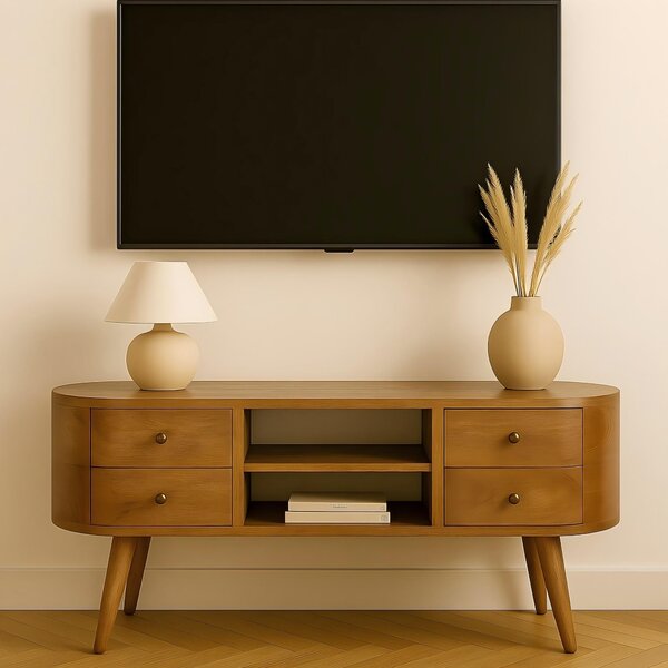 Solid 100% Mango Wood Rounded Entertainment Unit with 4 Drawers and 2 Open Shelves, Table with Slim Nordic Legs, 35L x 110W x 47H cm, Brown Aosom UK