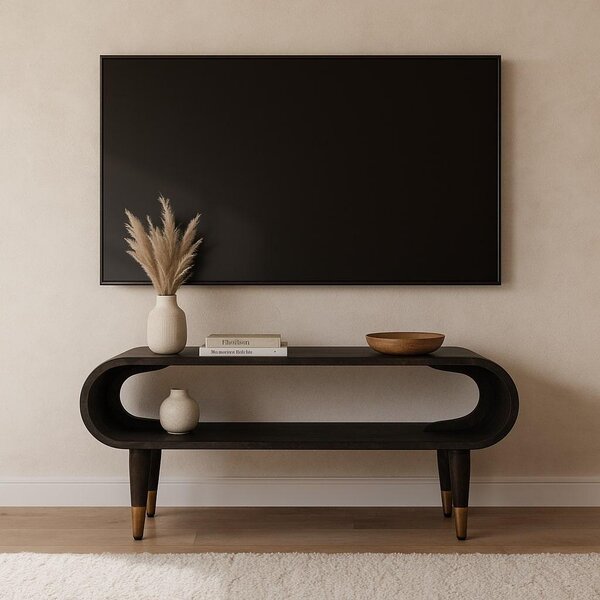 Curved-Edge Solid Mango Wood Media Unit with Brass Accents, Open Slot, Hand-finished Table with Tapered Legs, 35L x 90W x 42H cm, Brown Aosom UK