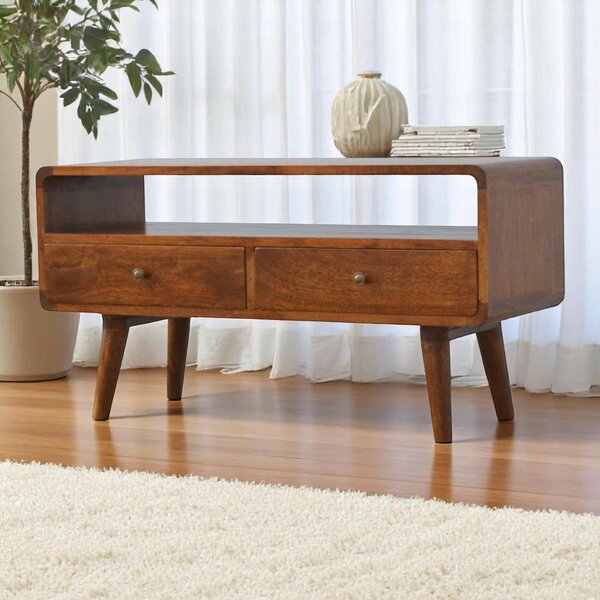 Solid Mango Wood Curved Media Unit with 2 Smooth-Gliding Drawers and Open Shelf, Table for Ample Storage, 35L x 90W x 47H cm, Brown Aosom UK