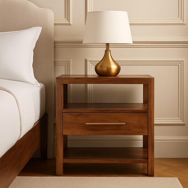 Caldera Solid Mango Wood Bedside Table with Drawer and Shelf, Bedside Cabinet with Hand-finished Design, 35L x 55W x 55H cm, Brown Aosom UK