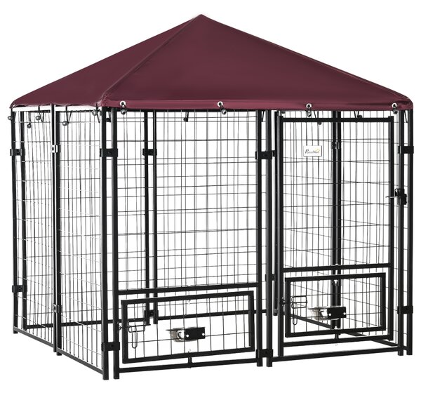 PawHut Outdoor Dog Kennel with Rotating Bowl Holders, Water and UV-Resistant Cover for Medium & Small Dogs, Red