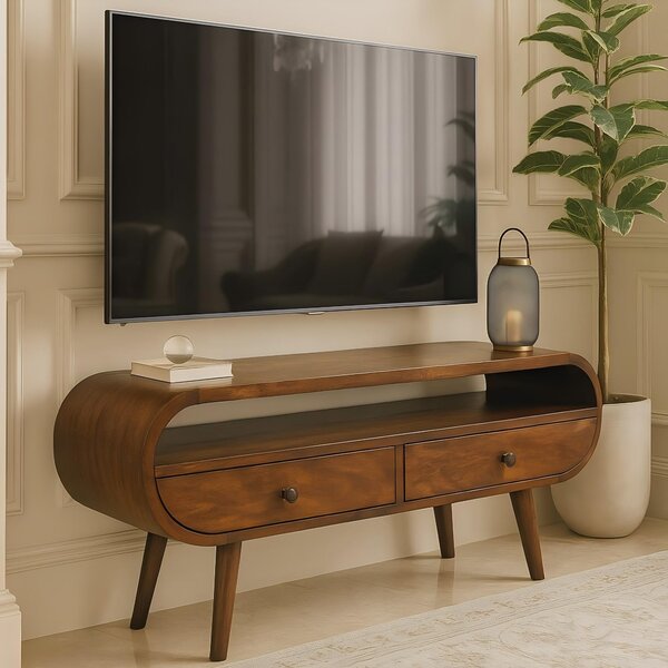 100% Solid Mango Wood Round TV Stand with 2 Smooth‑Gliding Drawers and Open Slot, Table for Living Room, 35L x 90W x 45H cm, Brown Aosom UK