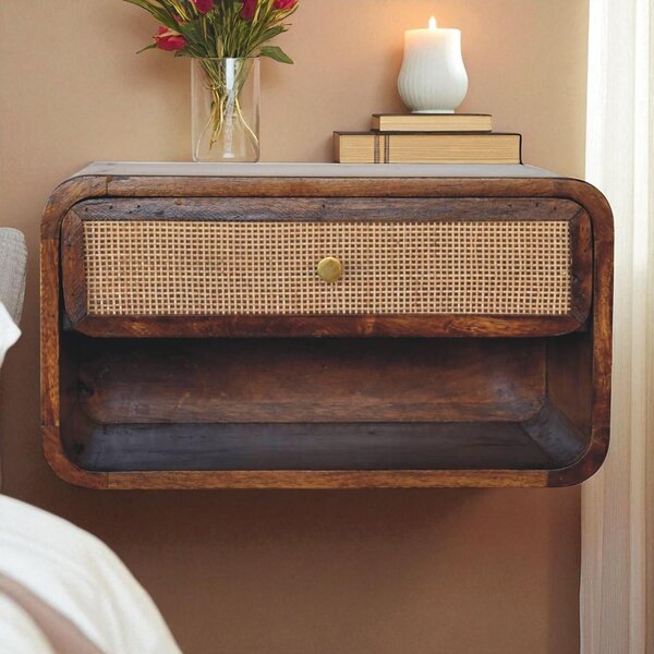 Solid Mango Wood Wall-Mounted Bedside Shelf with Drawer and Open Shelf, Space-Saving Cabinet for Bedroom, 32L x 45W x 25H cm, Brown Aosom UK