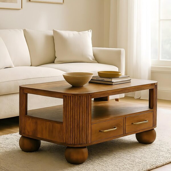 Solid Mango Wood Coffee Table with 2 Smooth-gliding Drawers, Tea Table with Shelf for Organised Storage, 55L x 85W x 46H cm, Brown Aosom UK