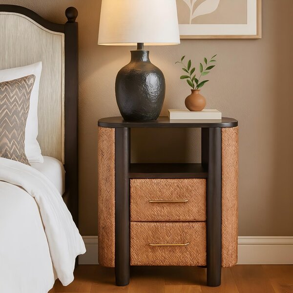 Solid Mango Wood Curved-Edge Rattan Bedside Table with 2 Smooth-gliding Drawers, Bedside Cabinet with Open Shelf, 40L x 50W x 60H cm, Brown Aosom UK