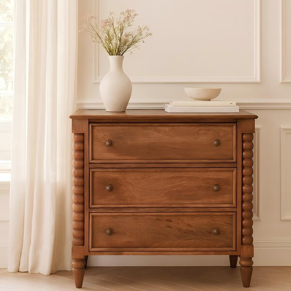 Solid Mango Wood Spindle Chest with 3 Drawers and Turned Spindle Legs, Bedside Cabinet with Ample Storage, 35L x 80W x 80H cm, Brown Aosom UK