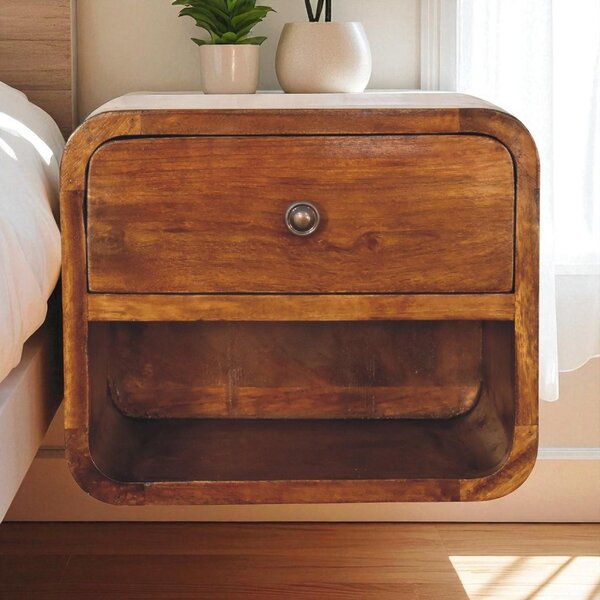 Solid Wood Mini Curve Floating Bedside with Drawer and Open Slot, Bedside Table with Robust Steel Frame, 25L x 30W x 25H cm, Brown Aosom UK