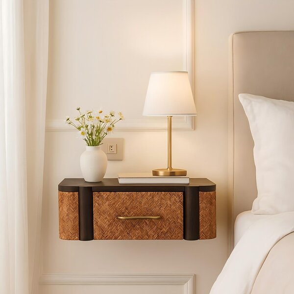 Handcrafted Solid Wood Wall-Mounted Bedside Drawer with Spacious Drawer, Bedside Table with Bronze Metal Accent, 32L x 50W x 18H cm, Brown Aosom UK