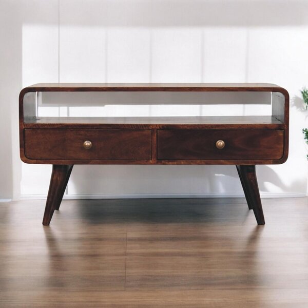 Solid Mango Wood Curved Media Unit with 2 Drawers and Open Shelf, Eco-Conscious TV Unit with Lemon Scent, 35L x 90W x 47H cm, Brown Aosom UK