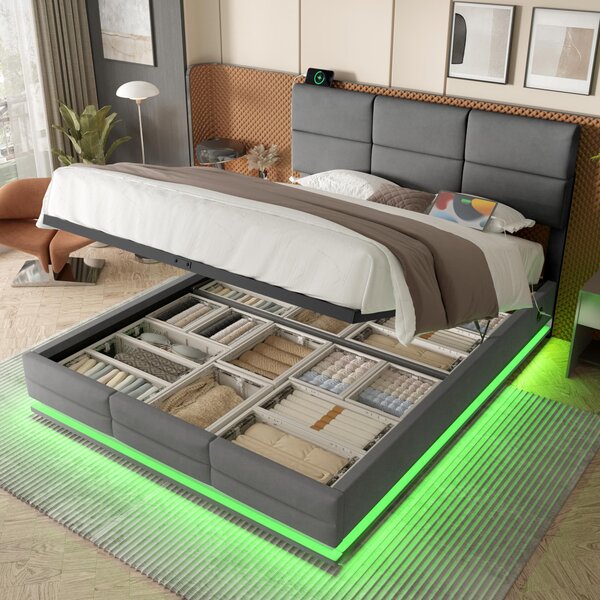 Modern Velvet Upholstered Bed with 3-Stage Adjustable Headboard, Double Bed with LED Lighting and USB, 155L x 202W x 115H cm, Dark Gray Aosom UK
