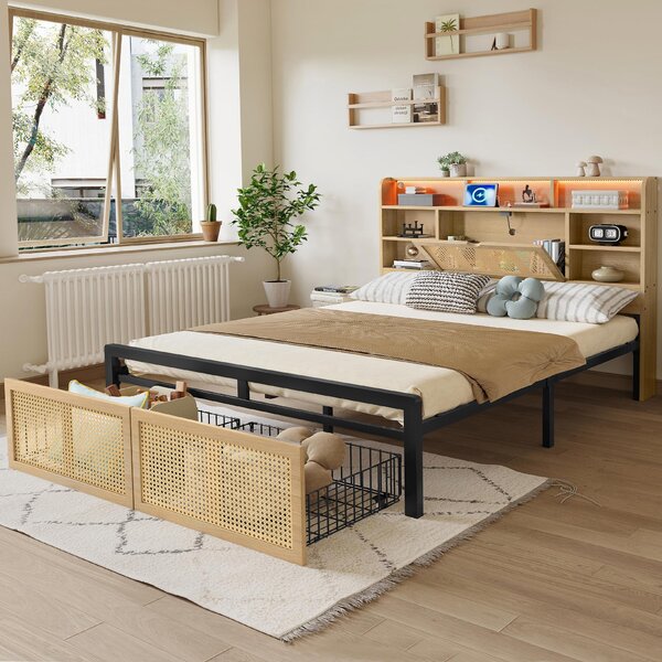 4ft6 Wooden Double Bed with LED Strip Light and Headboard Storage, Storage Bed with Charging Port, 208L x 137.5W x 104.5H cm, Natural+Black Aosom UK