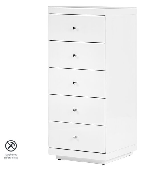Pimlico White Glass Tallboy Chest with 5 drawers