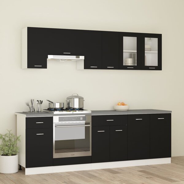 8 Piece Kitchen Cabinet Set with Worktop Black Chipboard