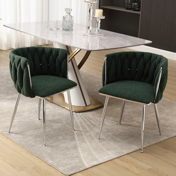 Set of 2 Modern Hand Weaving Dining Chairs with Silver Legs and Armrests, Boucle Upholstered Side Chairs for Kitchen, 54x52x73 cm, Emerald Aosom.UK