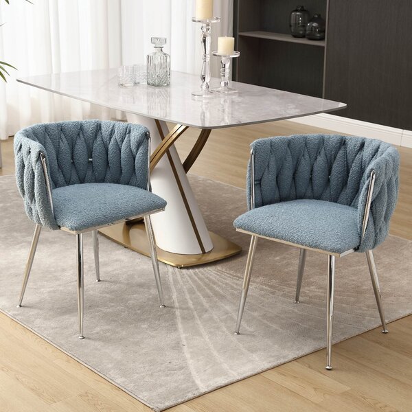 Set of 2 Modern Hand Weaving Dining Chairs with Silver Legs and Armrests, Accent Boucle Upholstered Side Chairs, 54x52x73 cm, Light Blue Aosom.UK