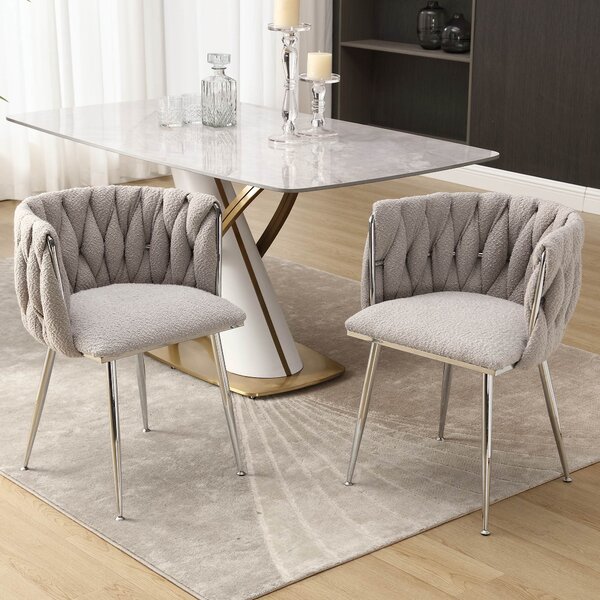 Set of 2 Modern Hand Weaving Dining Chairs with Silver Legs and Armrests, Boucle Upholstered Side Chairs for Kitchen, 54x52x73 cm, Gray Aosom.UK