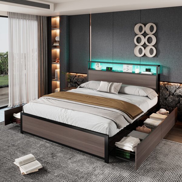 Metal Double Bed with LED Light Strip, 4 Drawers, and 3 USB Ports, , Ideal for Home and Bedroom Furniture, 207x135.5x105 cm, Gray Aosom.UK