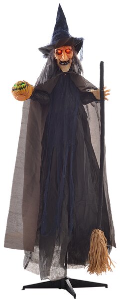 HOMCOM 190cm 75" Witch with Broomstick Outdoor Halloween Decoration, Halloween Animatronic with Sound Activated, Light Up Eyes, Sound Effects, Animated Prop for Haunted House