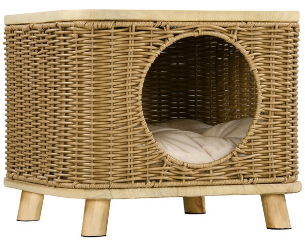 PawHut Elevated Design Wicker Cat House with Washable Cushion, Light Brown