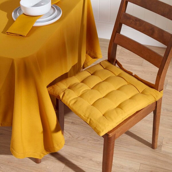 Mustard Yellow Plain Seat Pad with Button Straps, 40 x 40cm, Set of 6