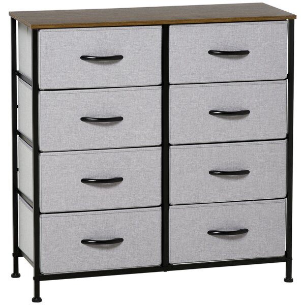 HOMCOM Industrial Chest of Drawers with 8 Fabric Storage Bins, Steel Frame, Wooden Top for Nursery, Living Room, Grey