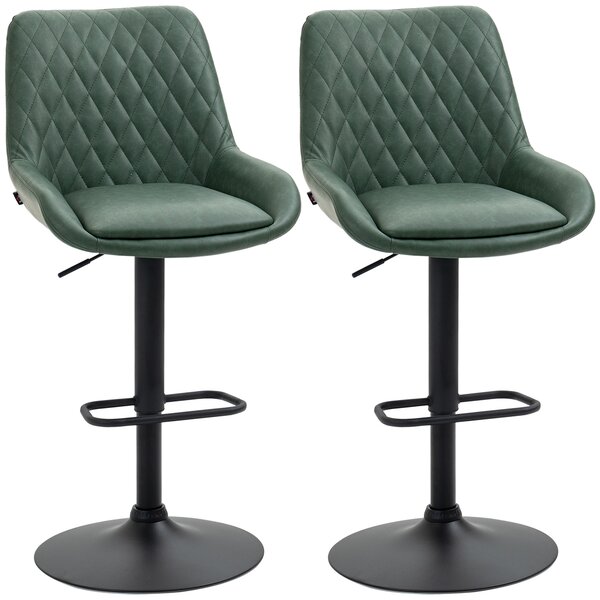 HOMCOM Retro Bar Stools Set of 2, Adjustable Kitchen Stool, Upholstered Bar Chairs with Back, Swivel Seat, Dark Green