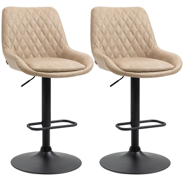 HOMCOM Retro Bar Stools Set of 2, Adjustable Kitchen Stool, Upholstered Bar Chairs with Back, Swivel Seat, Light Khaki