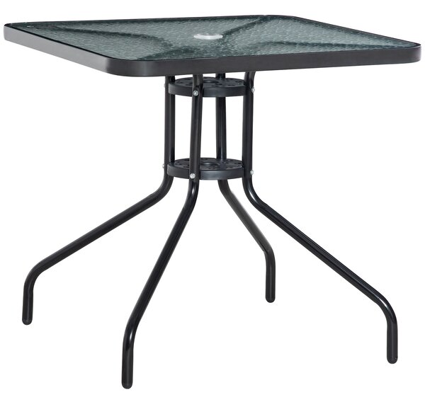Outsunny Square Patio Table, Tempered Glass Top Bistro Table, Garden Dining Table, Outdoor Accent Coffee Table 76 x 76cm Steel Frame with Umbrella Hole