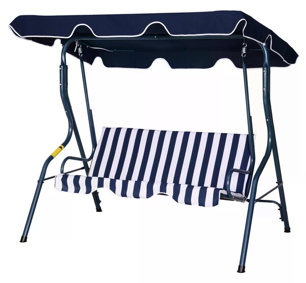 Outsunny Outdoor 3-Seater Swing Chair with Adjustable Canopy & Durable Metal Frame, Blue Stripes