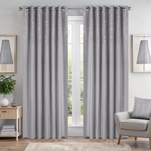 Diamondo Velvet Ready Made Eyelet Blackout Curtains Silver