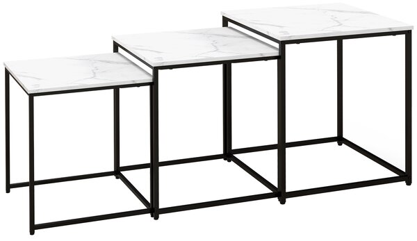 HOMCOM Nesting Tables Set of 3, Side End Table with Faux Marble Effect Top and Steel Legs for Living Room, Bedroom, White Aosom UK