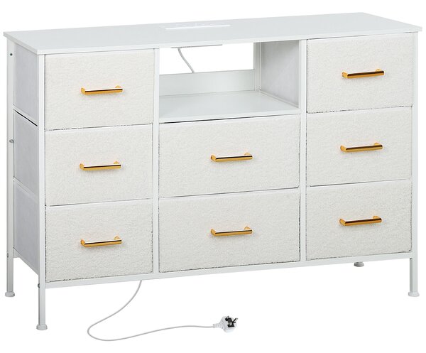 HOMCOM Boucle Chest of Drawers, 8 Fabric Drawers Storage Organiser with Charging Station, 2 USB and 2 AC Ports, Steel Frame, Fabric Dresser for Living Room, Bedroom, Hallway, Cream White