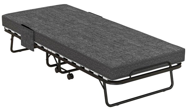 HOMCOM Folding Bed with Mattress, Foldable Guest Bed on Wheels, Portable Single Bed with 10cm Mattress, 190 x 80cm, Dark Grey Aosom UK