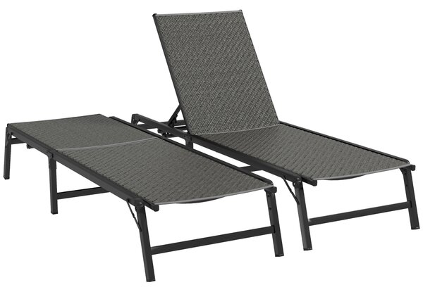 Outsunny Foldable Outdoor PE Rattan Sun Lounger Set of 2, Patio Wicker Recliners Lounge Chair w/ 5-Level Adjustable Backrest, Grey Aosom UK