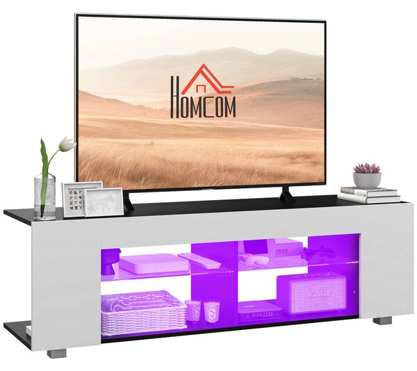 HOMCOM TV Stand, 145cm Modern TV Unit with Glass Shelves, RGB LED Light for 32 40 43 50 52 55 60 inch 4k TV, White