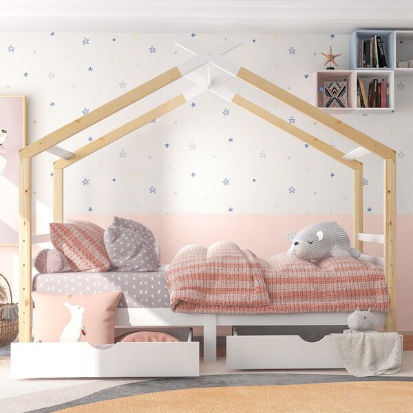 Tree House Canopy Bed With Underbed Storage Drawers, Solid Pine Wood Bed with Safety Rail Guards for Kids, 200x96x183 cm, Natural Aosom UK