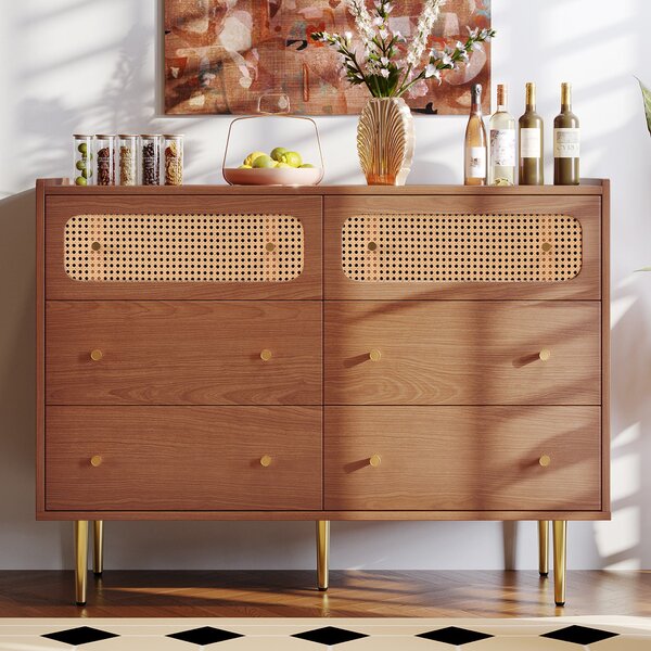 Vintage Finish Rattan Sideboard Cabinet with Storage Drawers, Wooden Chest of Drawers for Bedroom and Hallway, 120x40x90 cm, Walnut Aosom.UK