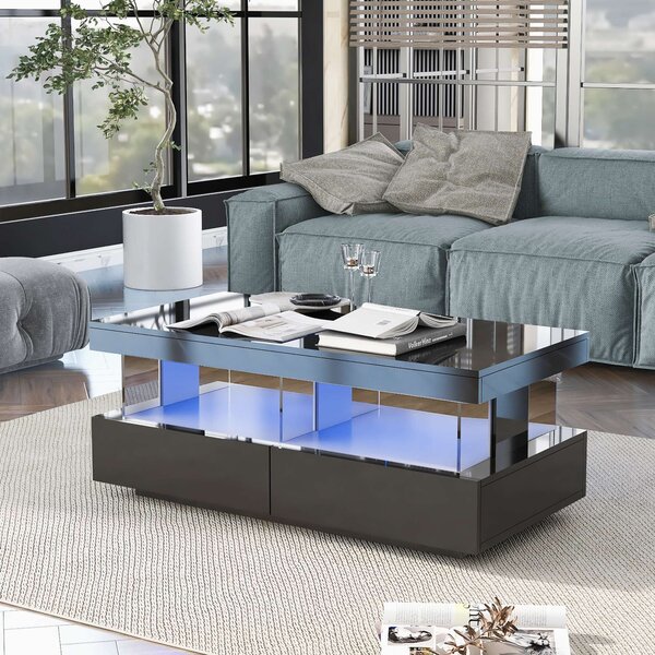 High Gloss Black Coffee Table with 16-Colour LED Lights, 2 Drawers and Open Storage, Side Table for Drawing Room, 100x60x49.5 cm, Black Aosom.UK