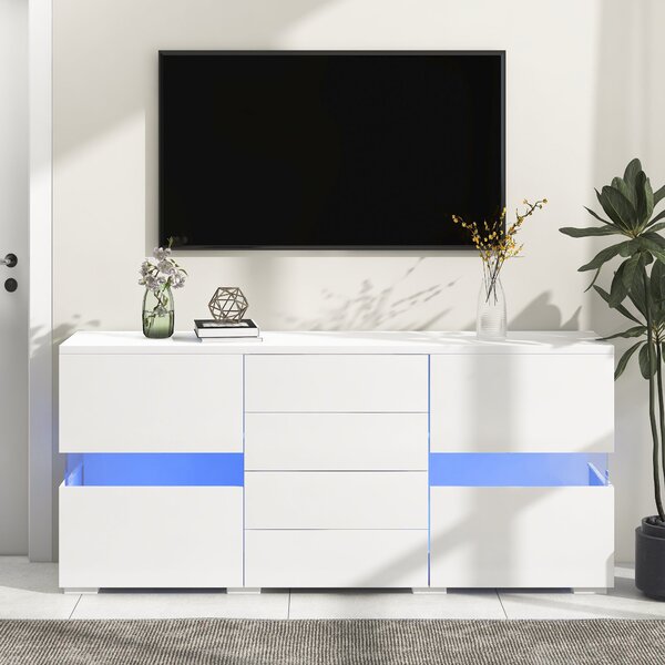 High Gloss Modern Sideboard Cabinet with LED Lights, 2 Doors and 4 Storage Drawers, Chest of Drawers for Living Room, 140x35x72 cm, White Aosom.UK