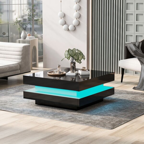 Stylish High Gloss Coffee Table with Rotating Top, 16-Colour LED Light, Lift Top Rectangular Sofa Table for Living Room, 70x70x36 cm, Black Aosom.UK