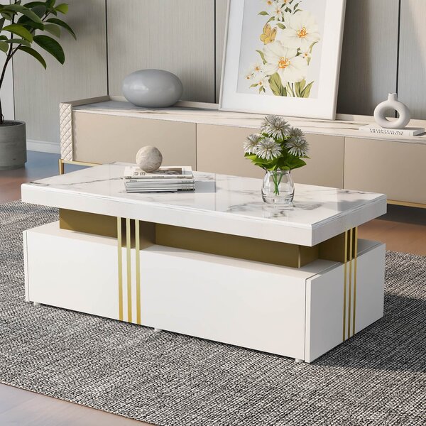 Modern Rectangular Coffee Table with Marble Veneer Top and 2 Wooden Drawers, Table in Trendy Design for Living Room, 100x50x40 cm, White Aosom UK