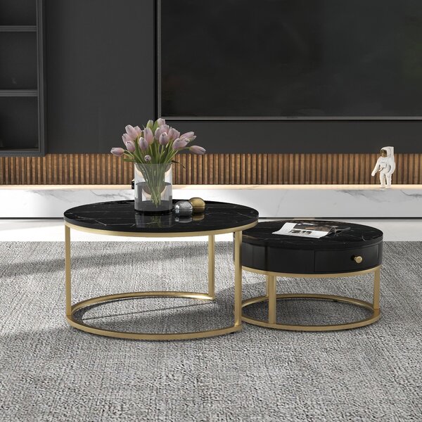 Round Nesting Coffee Tables with Drawer, Set of 2 with Storage, Gold Metal Frame and Marble Pattern Top for Living Room and Office, Black Aosom UK