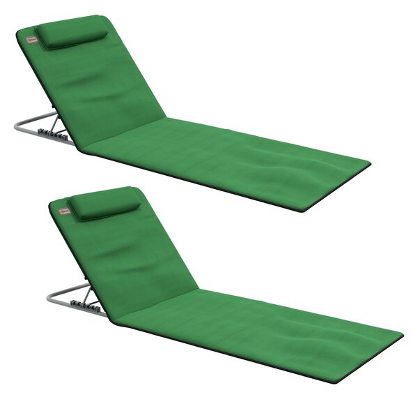 Outsunny Reclining Beach Chair Set with Metal Frame & PE Fabric, Includes Pillow, 2 Pieces, Green