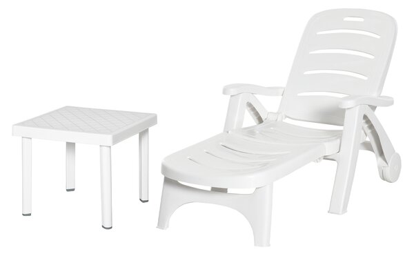 Outsunny 2pcs Garden Furniture Set Outdoor Furniture Set Dining Table, 1 Lounge Chair and 1 Garden Side Table White