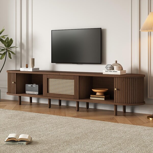 Oval TV Unit with Rattan Drawer and 2 Sliding Doors, Rounded Corner Sideboard,TV Stand Suitable for 70-inch TV, 180L x 40W x 40H cm, Oak Aosom UK
