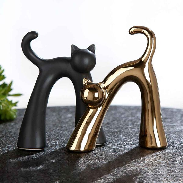 Ocala Ceramics 2 Cat Sculpture In Black And Gold