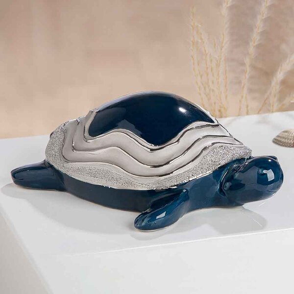 Carnation Large Ceramics Turtle Sculpture In Dark Blue And Silver