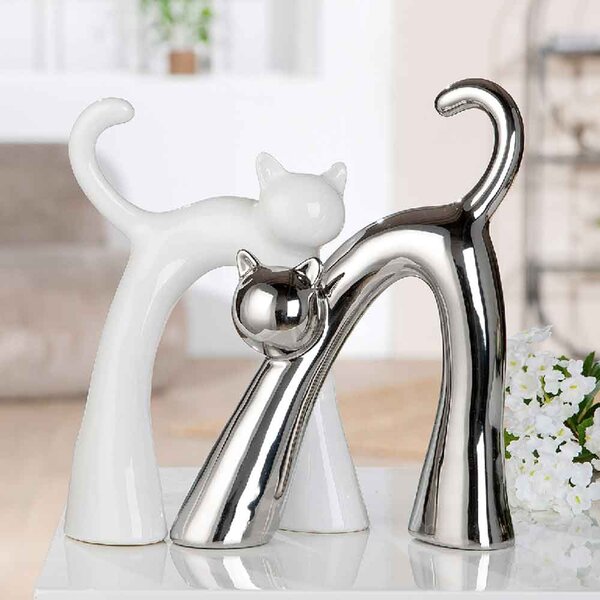 Ocala Ceramics 2 Cat Sculpture In White And Silver