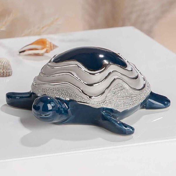 Carnation Small Ceramics Turtle Sculpture In Dark Blue And Silver